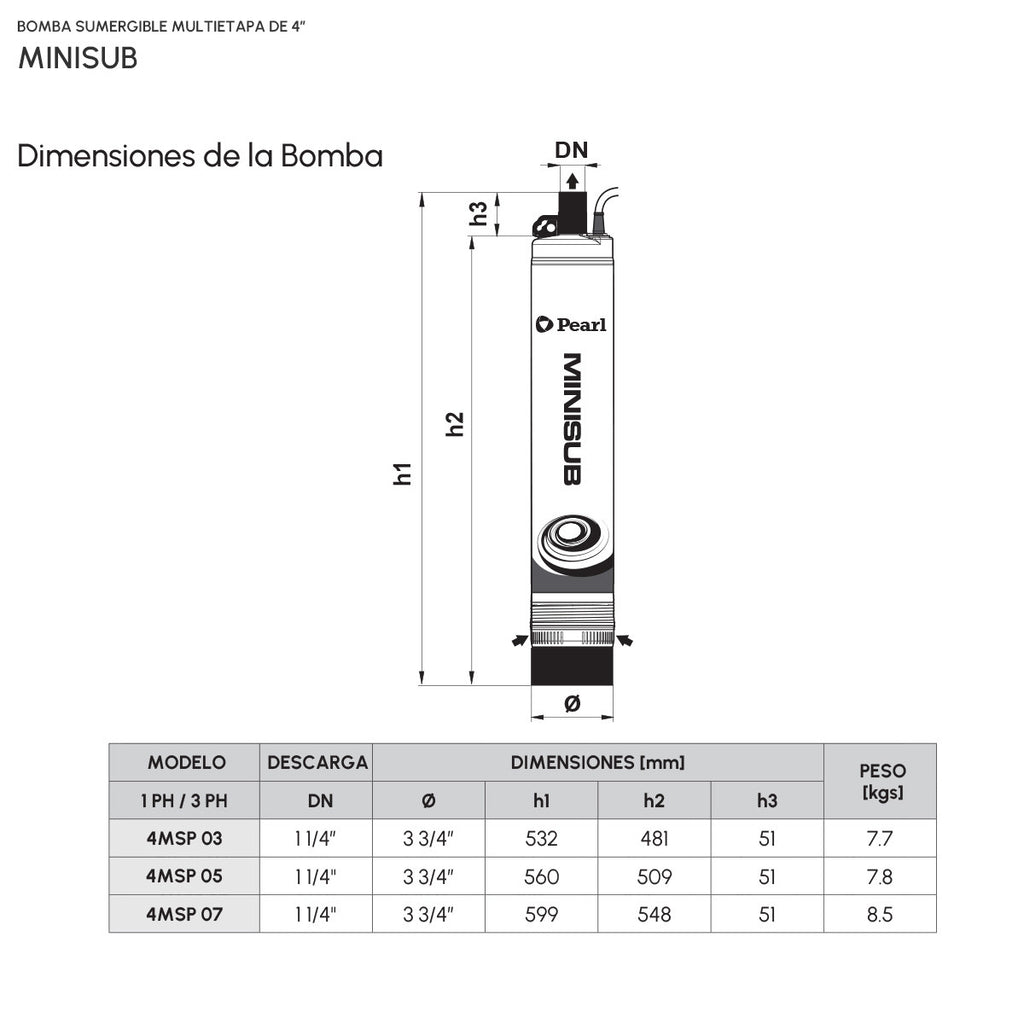 Bomba Sumergible Minisub 4MSP 07C16S - 0.7 HP 220V
